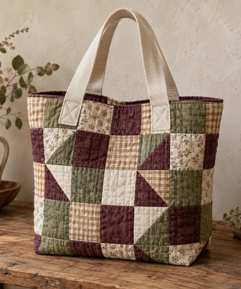 Concept photo of a quilted patchwork tote in plum, olive, cream, and ochre with ivory handles